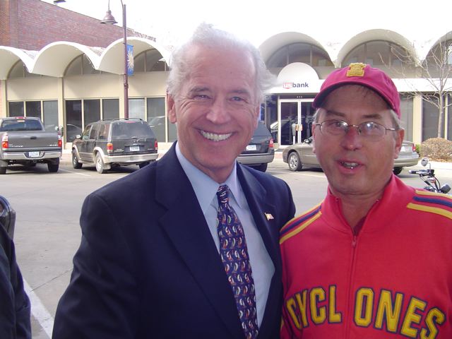 Presidential candidate Joe Biden w AHS Ames High School 1972 Alumni Craig Stephenson on Main Street, November 5, 2007, in Ames Iowa