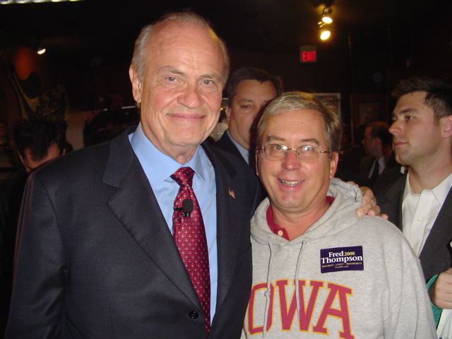 Presidential candidate Fred Thompson w AHS Ames High School 1972 Alumni Craig Stephenson at Cafe Diem on Main Street, November 21, 2007, in Ames Iowa