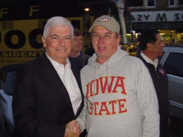 Presidential candidate Chris Dodd w AHS Ames High School 1972 Alumni Craig Stephenson at American Legion on Main Street, November 30, 2007, in Ames Iowa